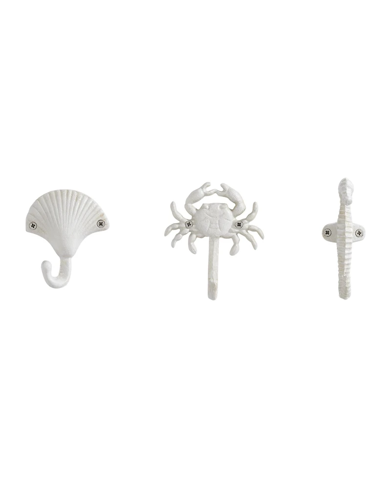 Danya B White Cast Iron Nautical Ocean Sculpture Wall Hook Set of 3 - Seashell, Crab, Seahorse