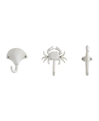 Danya B White Cast Iron Nautical Ocean Sculpture Wall Hook Set of 3 - Seashell, Crab, Seahorse