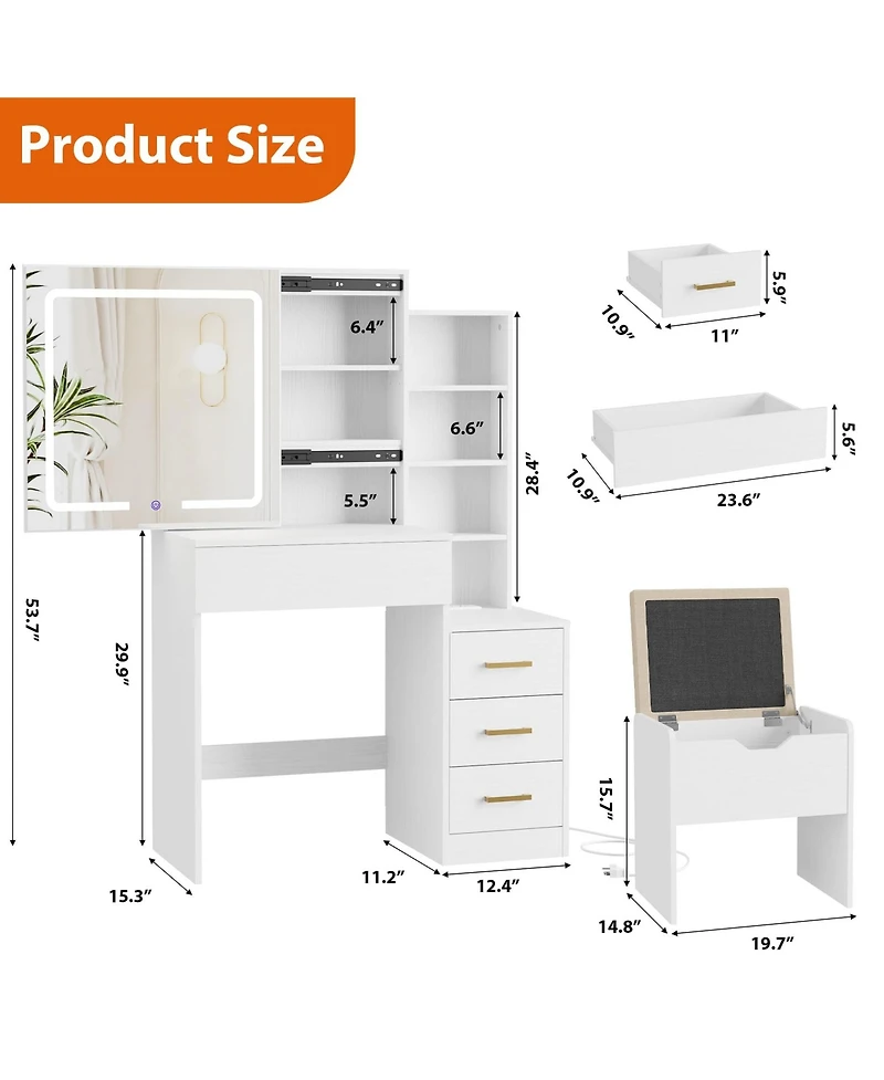 gaomon Vanity Desk with Sliding Mirror and Lights, Modern Makeup Table 4 Drawers 7 Storage Shelves