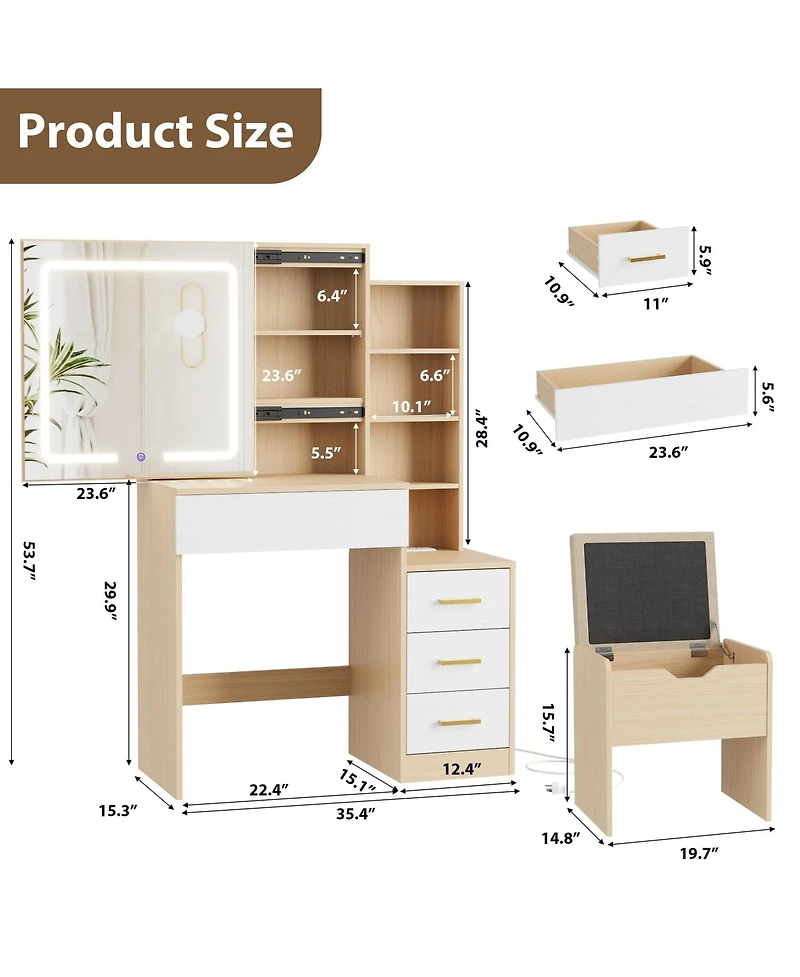 gaomon Vanity Desk with Sliding Mirror and Lights, Modern Makeup Vanity Table with 4 Drawers and 7 Storage Shelves