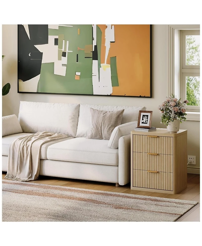 gaomon Fluted Nightstand with Charging Station, Bedside Table with 3 Drawers and Open Storage Space, Mid Century Modern End Table,