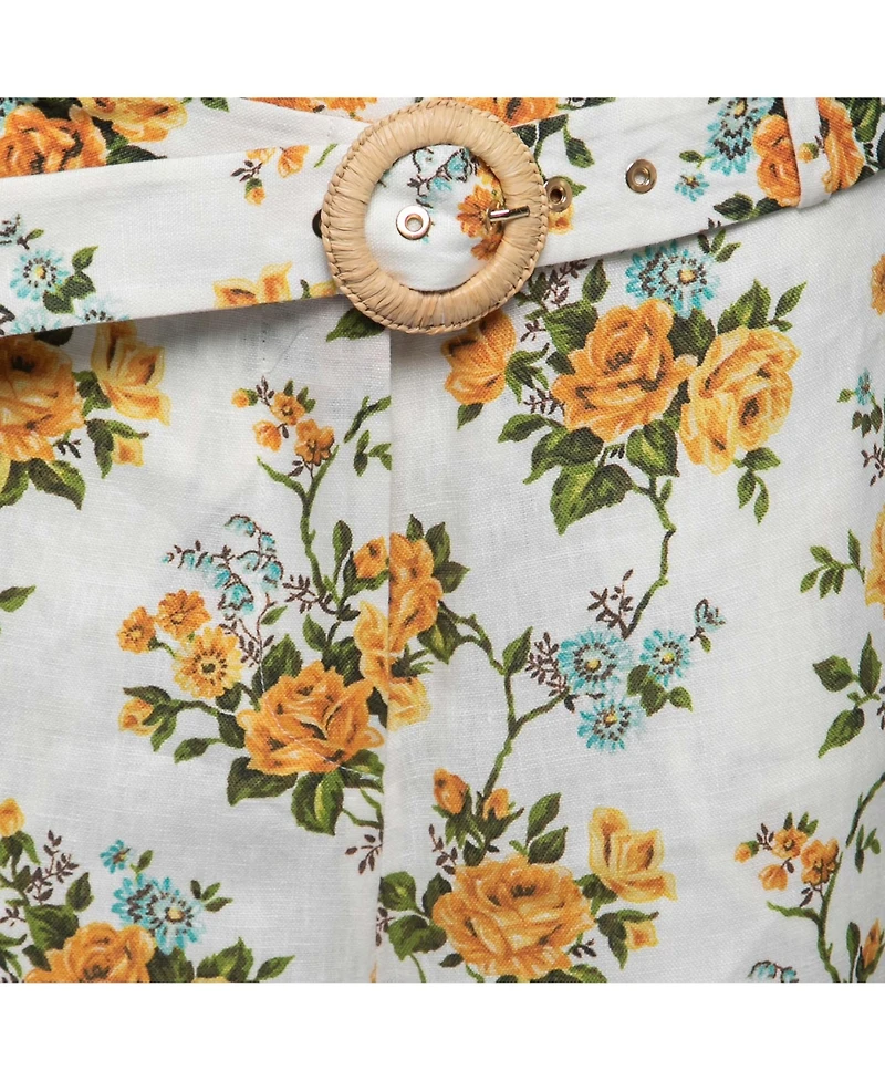 Pre-Owned Zimmermann Women's White Floral Printed Linen Belted Straight Pants