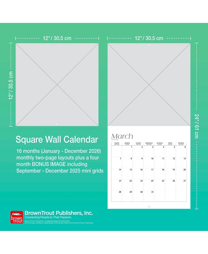 BrownTrout Kitchen | 2026 12 x 24 Inch (Hanging) Monthly Square Wall Calendar | Plastic-Free