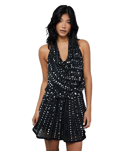 Warehouse Women's Sequin Cowl Front Flippy Mini Dress