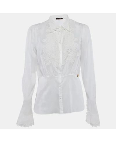 Pre-Owned Roberto Cavalli Women's Cambric Cotton Floral Lace Trimmed Blouse