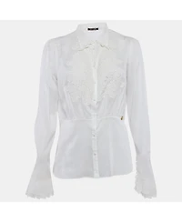 Pre-Owned Roberto Cavalli Women's Cambric Cotton Floral Lace Trimmed Blouse