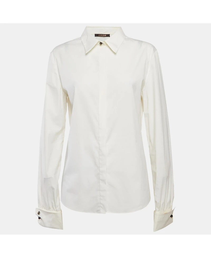 Pre-Owned Roberto Cavalli Women's Cream Cotton Long Sleeve Shirt