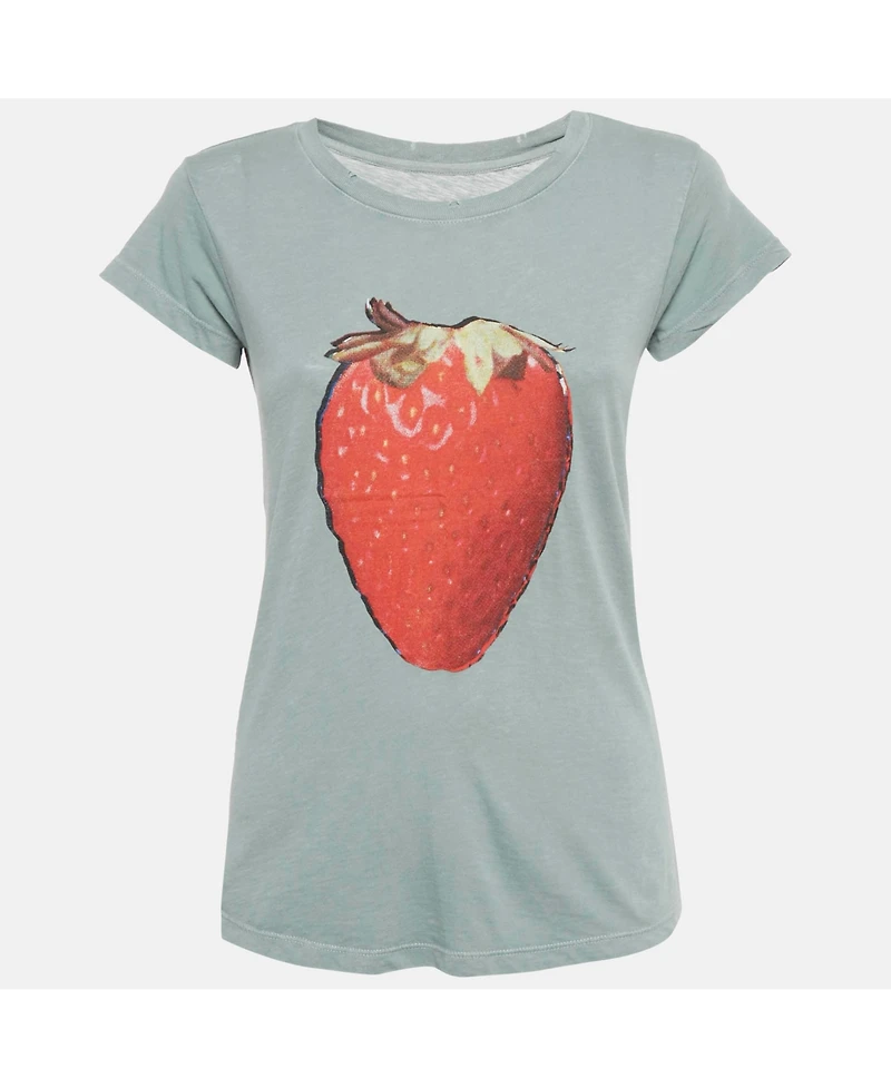 Pre-Owned Zadig & Voltaire Women's Green Strawberry Print Cotton Blend Distressed T-Shirt