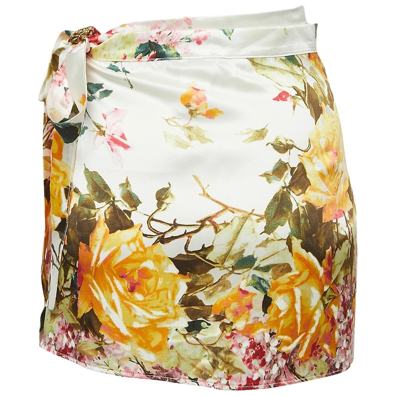 Pre-Owned Roberto Cavalli Women's White Floral Print Satin Mini Wrap Skirt