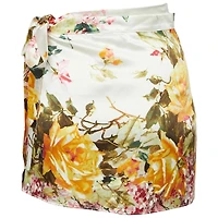 Pre-Owned Roberto Cavalli Women's White Floral Print Satin Mini Wrap Skirt