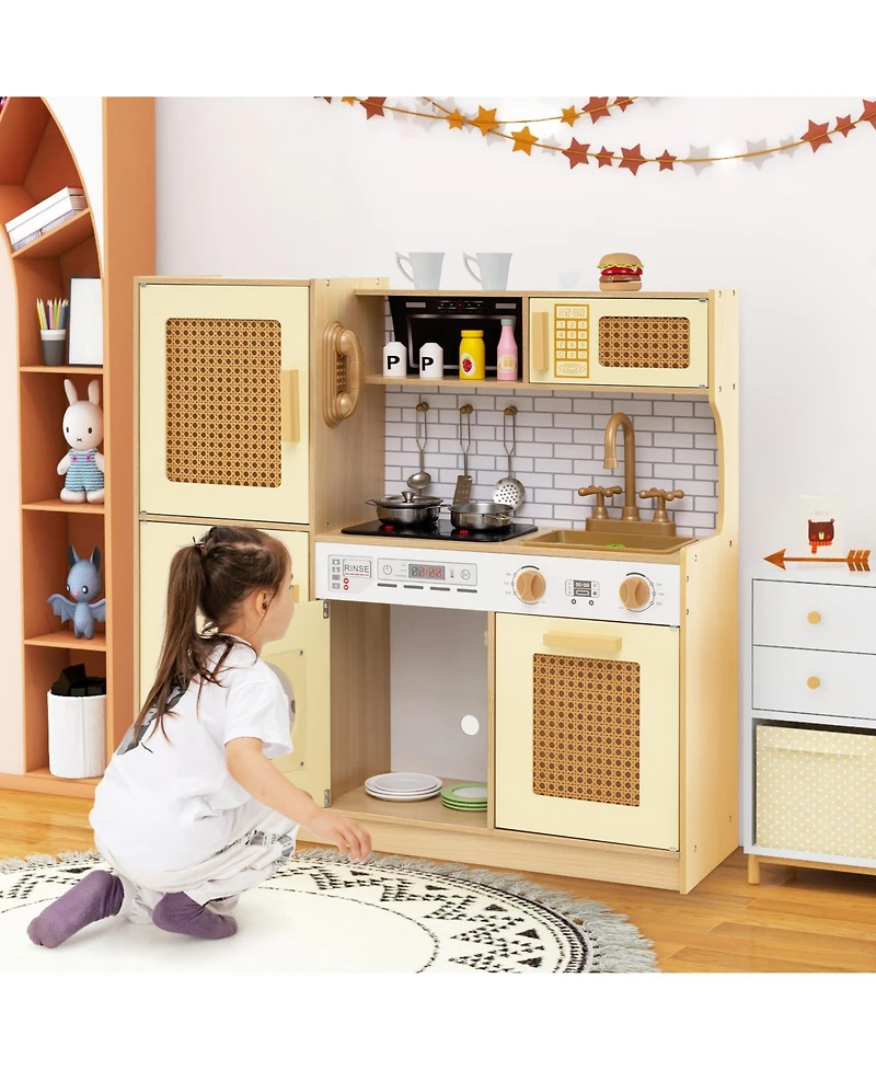 Hongge Kids Wooden Kitchen Playset with Lights, Sounds, and Storage Shelves