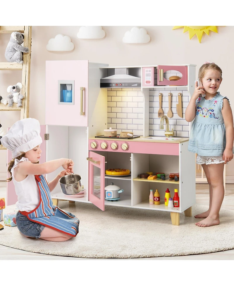Skonyon Wooden Pretend Play Kitchen With Ice Maker Range Hood And Blackboard.