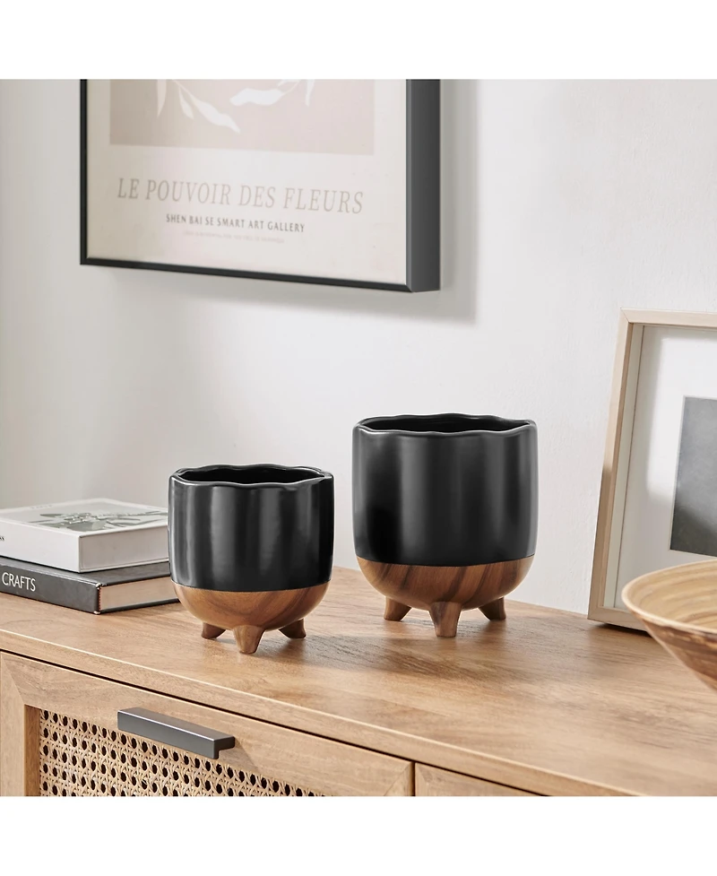 Danya B Milo Mortar Two Tone Flower Pot Planter Cachepot Set of 2 Sizes - Black and Walnut