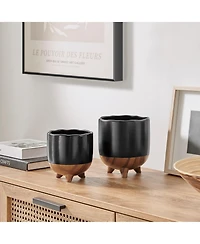 Danya B Milo Mortar Two Tone Flower Pot Planter Cachepot Set of 2 Sizes - Black and Walnut