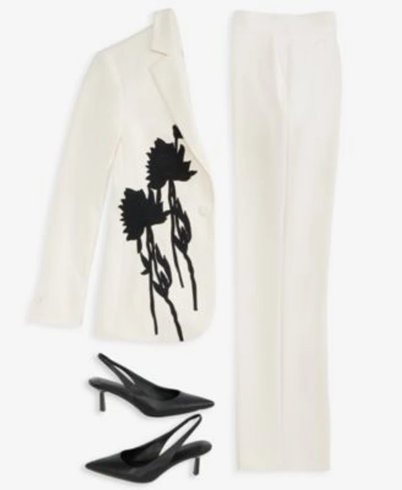 Anne Klein Womens Floral Applique One Button Jacket Mid Rise Pull On Straight Pants