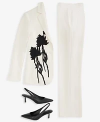 Anne Klein Womens Floral Applique One Button Jacket Mid Rise Pull On Straight Pants