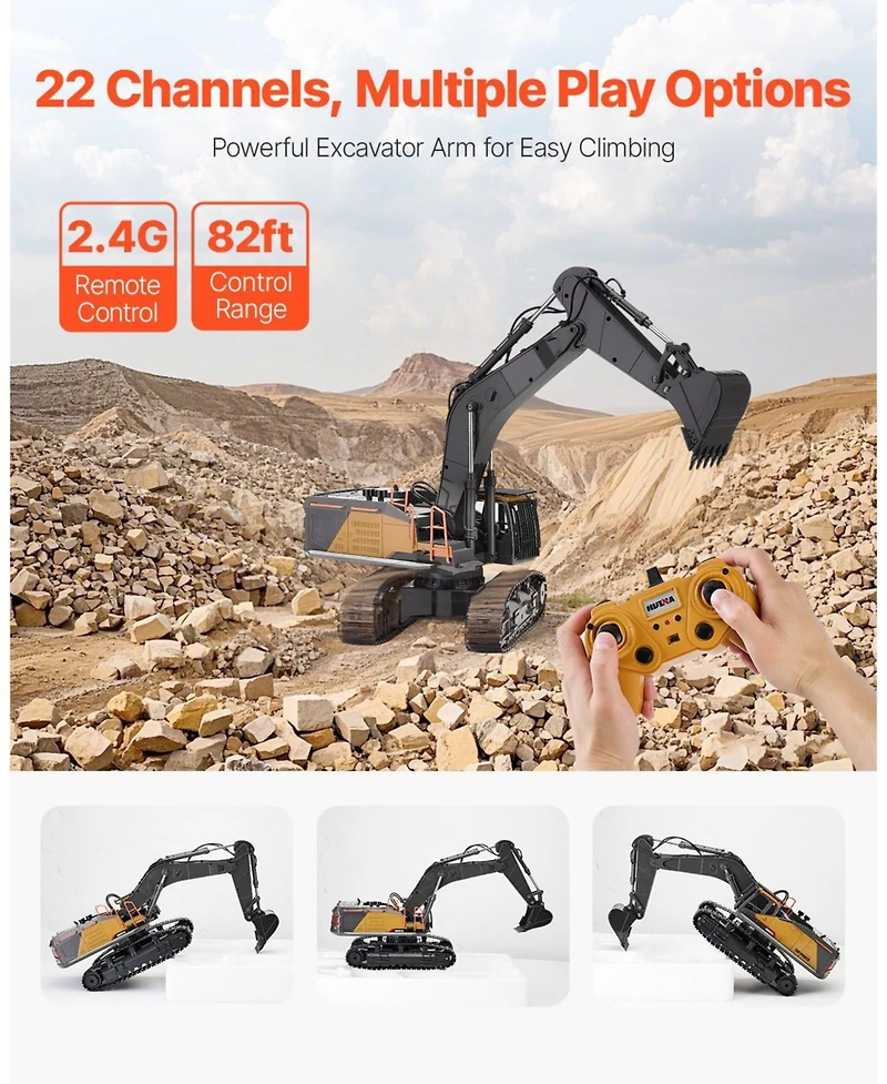 Mecale Rc Excavator Toy, 22-Channel 1:14 Scale Metal Shovel Digger with Lights & Sounds, Full-Function Construction Vehicle
