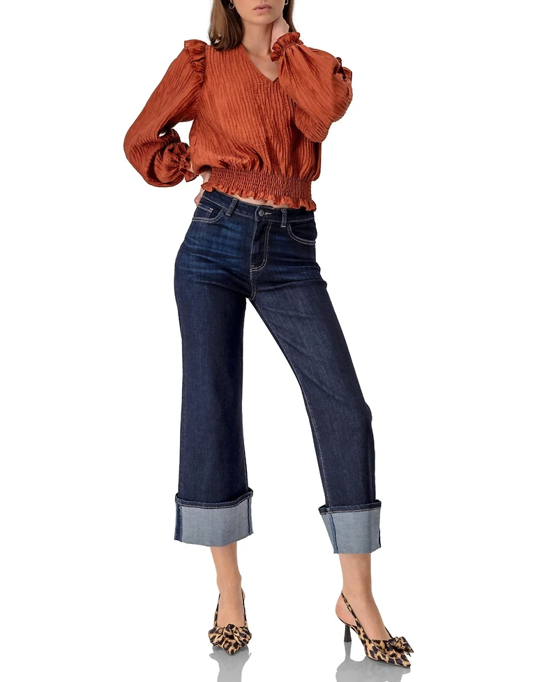 Ivonne Women's V-Neck Smocked Blouse with Ruffle Sleeves