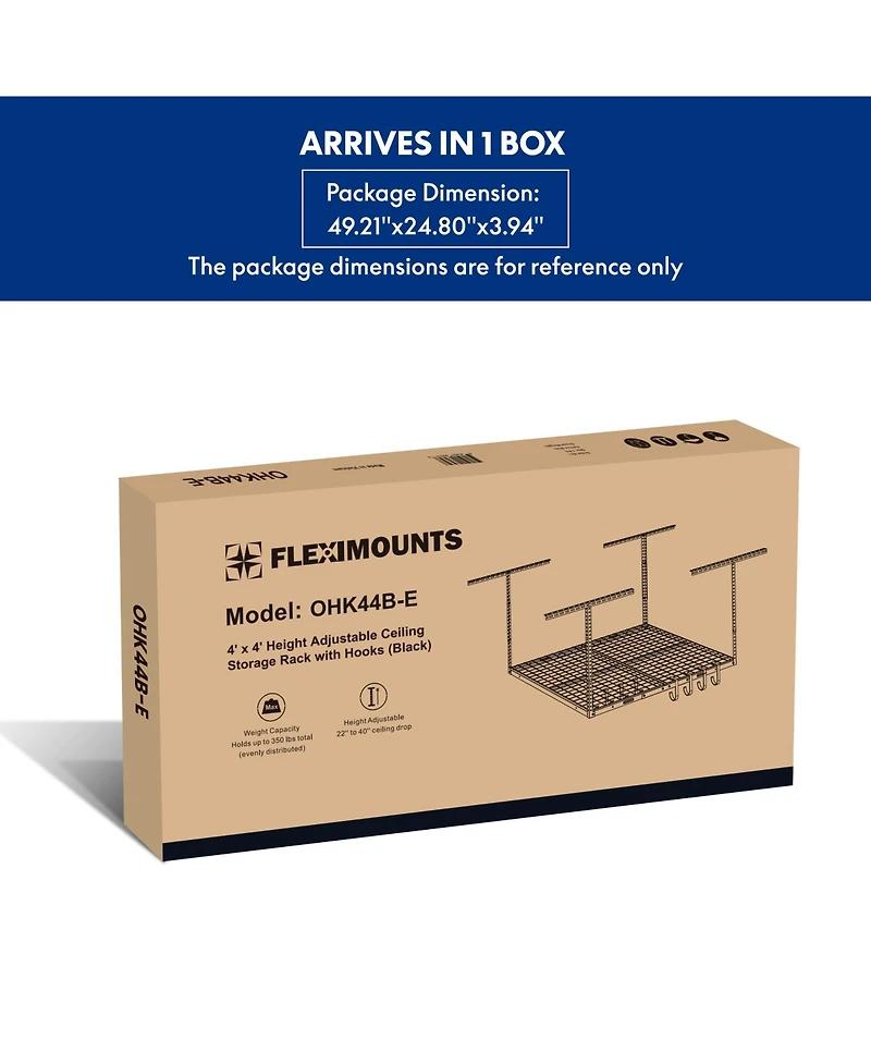 FlexiMounts Ohk Series 48 in W × 48 in D Ceiling-Mounted Overhead Garage Storage Rack – Model OHK44B-e