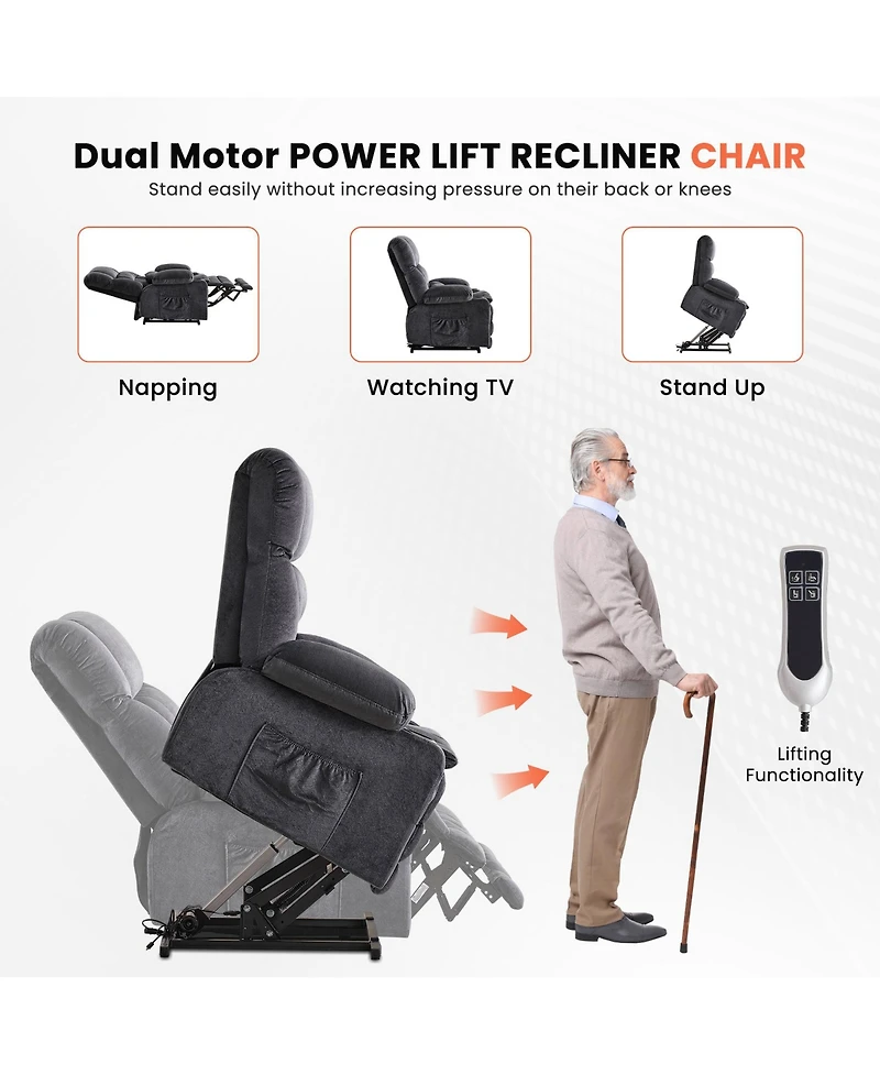 Sumyeg Dual Motor Lift Recliner with Lay Flat Waist Kneading Heat and Cup Holders