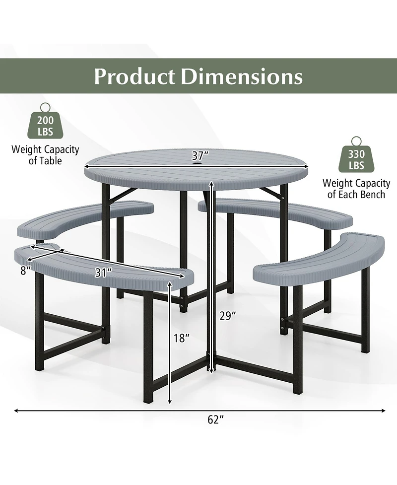 Slickblue Round Picnic Table Set with 4 Benches and Umbrella Hole