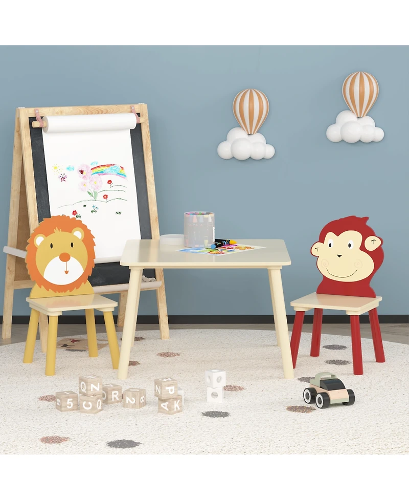 sumyeg 3-Piece Kids Table and Chair Set with Lion and Monkey Theme in Natural