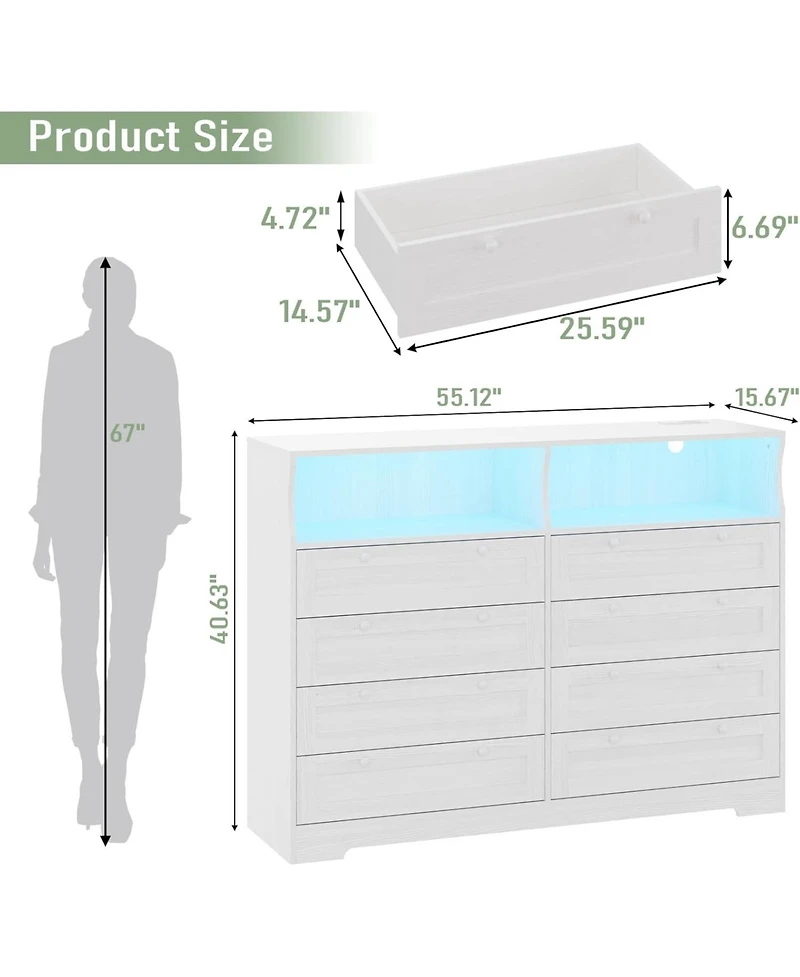 Gaomon 8 Drawers Wooden Dressers with Led Lights and Power Outlet for Bedroom
