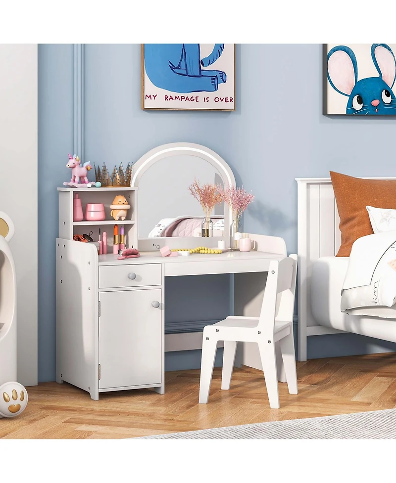 Kid Vanity Table Chair Set 2-Color Led Lights Large Drawer Shelf Cabinet