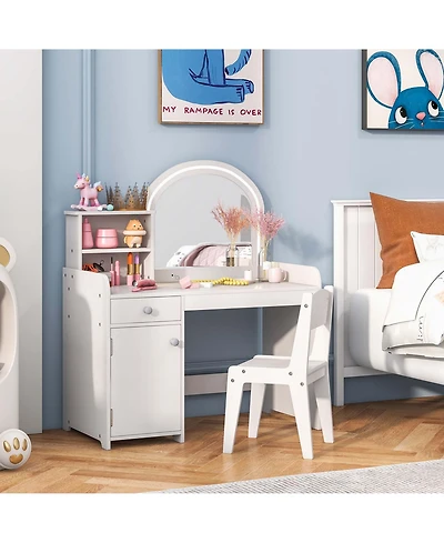 Kid Vanity Table Chair Set 2-Color Led Lights Large Drawer Shelf Cabinet