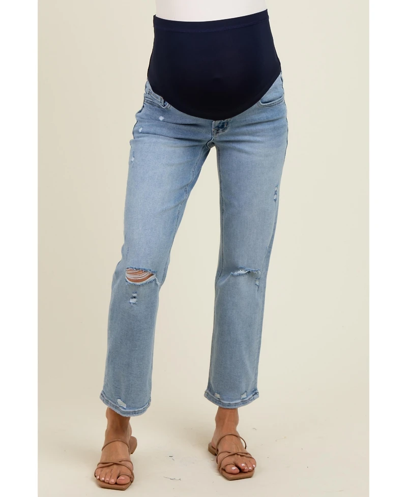 Pinkblush Maternity Light Blue Distressed Open Knee Ankle Straight Leg Jeans