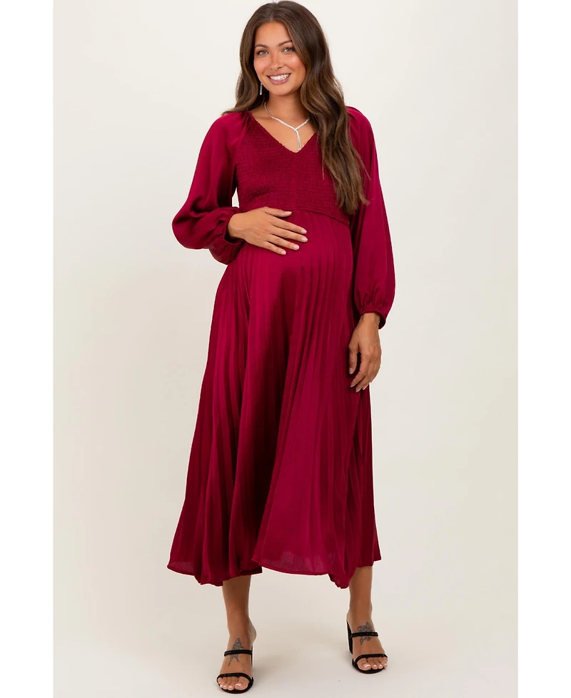 Pinkblush Maternity Burgundy Satin Smocked Pleated Midi Dress