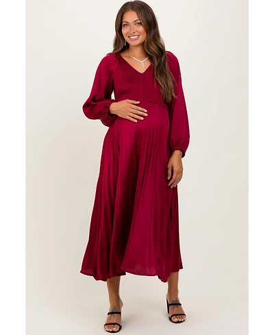 Pinkblush Maternity Burgundy Satin Smocked Pleated Midi Dress