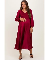 Pinkblush Maternity Burgundy Satin Smocked Pleated Midi Dress