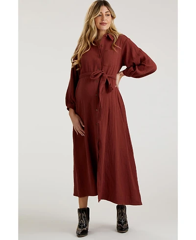 Pinkblush Maternity Blue Gauze Belted Shirt Midi Dress