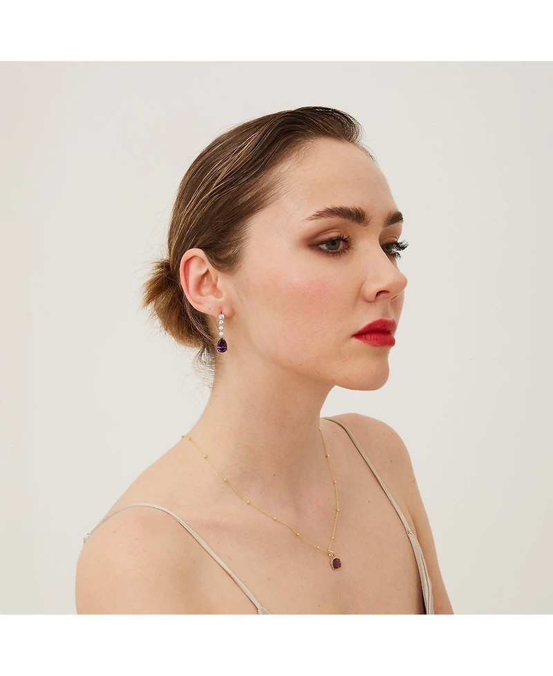 Spero London Amethyst Square Pendant Necklace With Beaded Chain in Sterling Silver