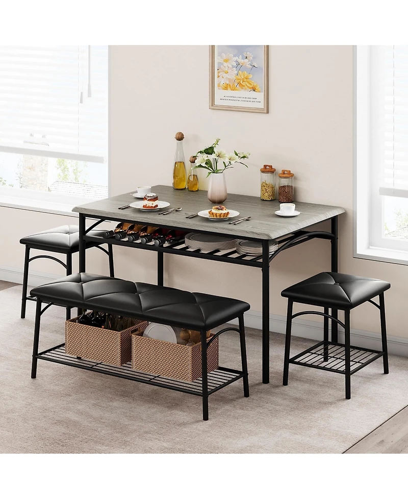 Gaomon Dining Table Set for 4 with Benche/Stools Kitchen Table Set with Storage Shelves Dining Table Set