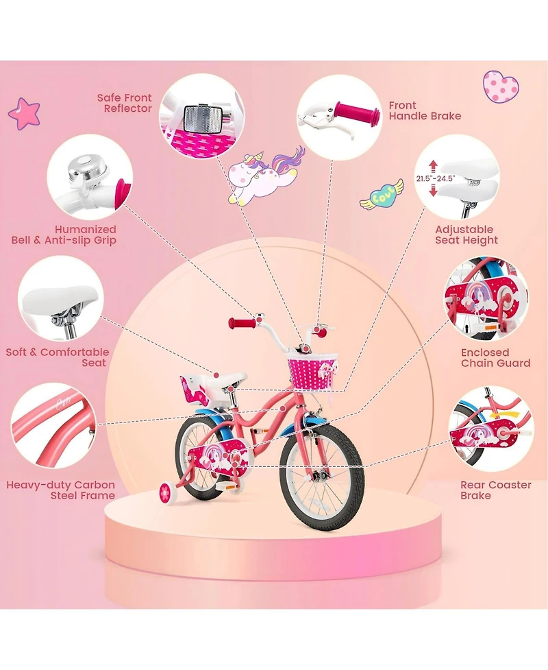 Hongge 16-Inch Girls Bike with Training Wheels, Basket, and Adjustable Seat - Pink