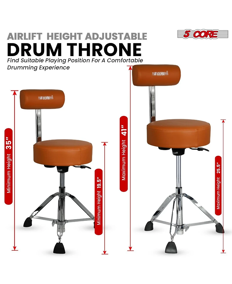 5 Core Drum Throne w Backrest 4" Padded Stool Airlift Adjustable 25.5" Drummer Chair 441Lb Capacity