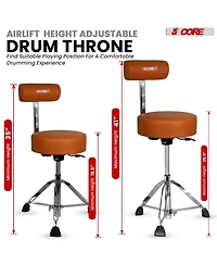 5 Core Drum Throne w Backrest 4" Padded Stool Airlift Adjustable 25.5" Drummer Chair 441Lb Capacity