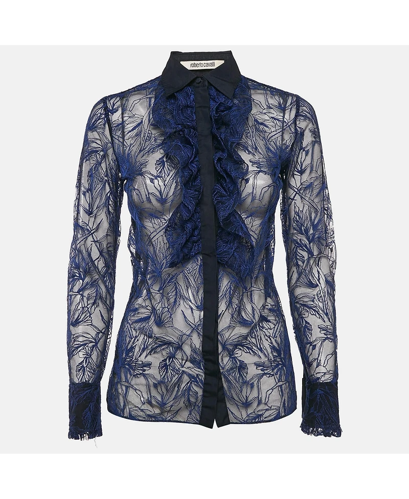 Pre-Owned Roberto Cavalli Women's Blue Embroidered Tulle Frilled Sheer Shirt