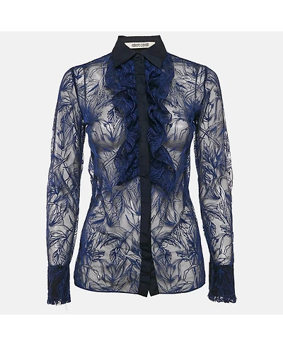 Pre-Owned Roberto Cavalli Women's Blue Embroidered Tulle Frilled Sheer Shirt