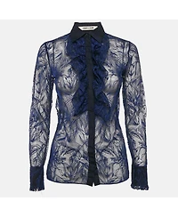 Pre-Owned Roberto Cavalli Women's Blue Embroidered Tulle Frilled Sheer Shirt