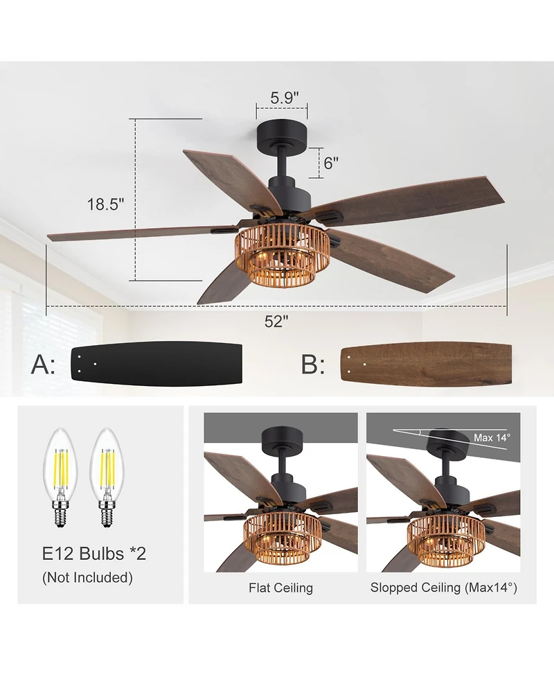 Airsurfer 52" Ceiling Fan with Integrated Led Light Remote-Controlled Matte Black 5-Blade Modern Design Quiet Dc Motor