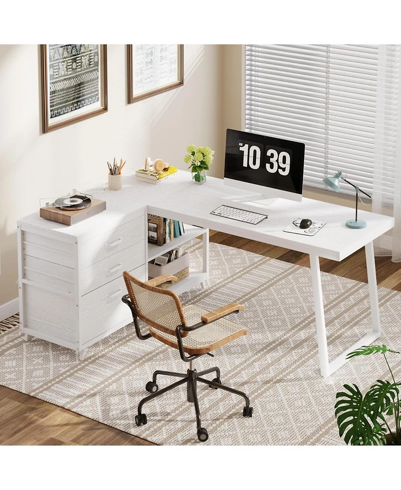Tribesigns 53" W × 19.7" Wood L-Shaped Desk with 3 Drawers, Reversible Corner Home Office Computer Shelves