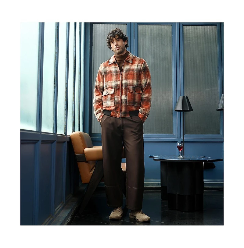 Campus Sutra Men's Burnt Sienna Zip-Front Plaid Jacket.