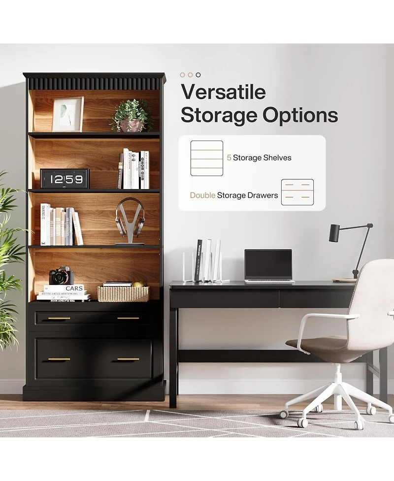 Tribesigns 72" White 5-Shelf Bookcase with Drawers – Modern freestanding wood bookshelf for display and storage