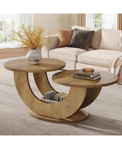 Tribesigns Round Coffee Table, 2-Tier Farmhouse Coffee Table with U-Shaped Frame