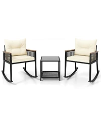 Costway 3 Pcs Outdoor Rocking Bistro Set with 2-Tier Coffee Table, Acacia Wood Armrests