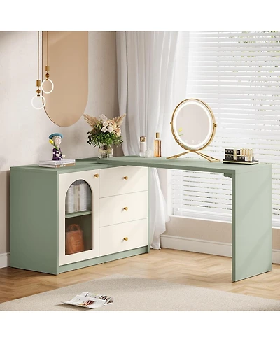 Tribesigns Retractable Makeup Vanity Desk with 3 Drawers & Cabinet, Corner Dressing Table for Bedroom, Walnut & White (No Mirror)