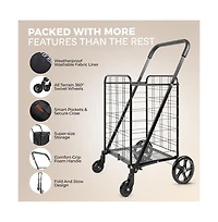 SereneLife Folding Utility Cart with Liner, Heavy-Duty, 360° Swivel Wheels, 70 lb Capacity, Portable for Groceries, Laundry & More (Blue)